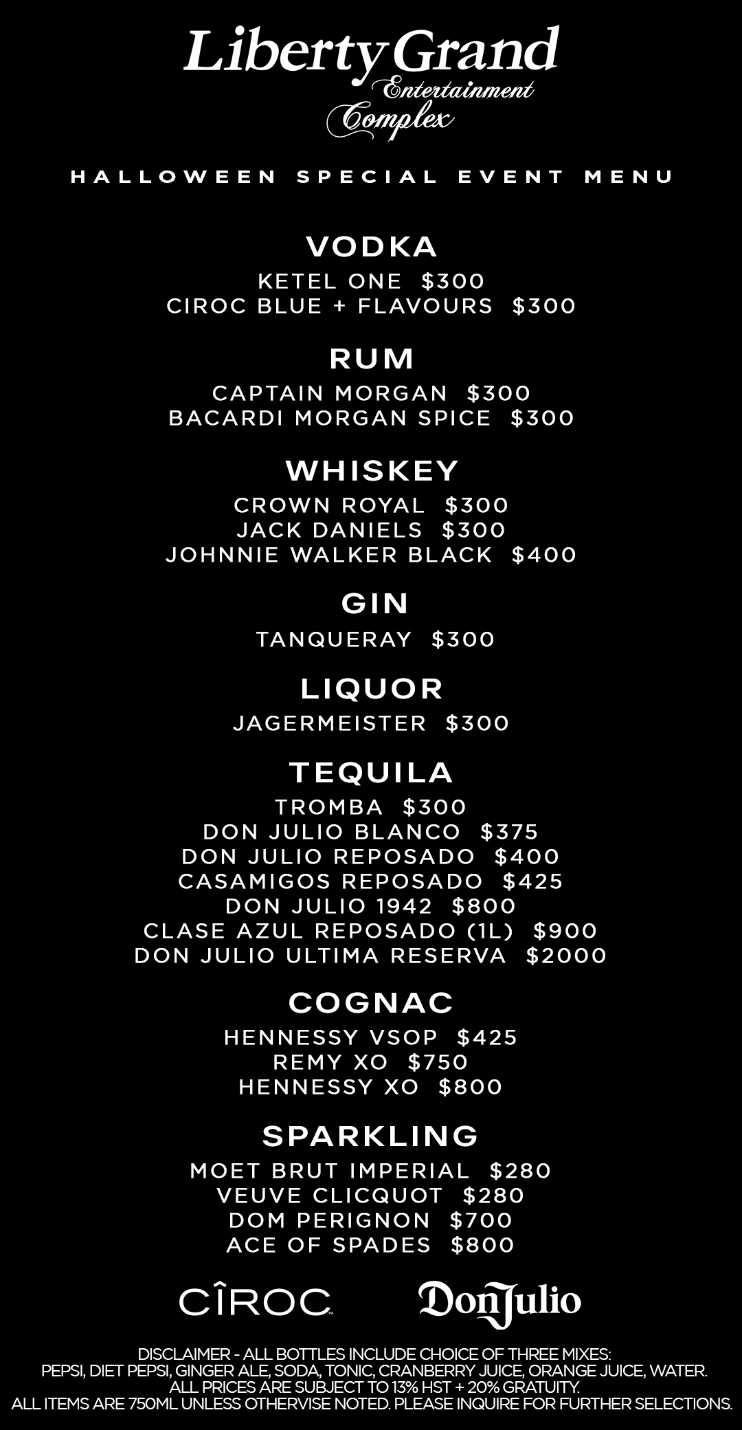 LIBERTY GRAND HALLOWEEN Bottle Service Menu